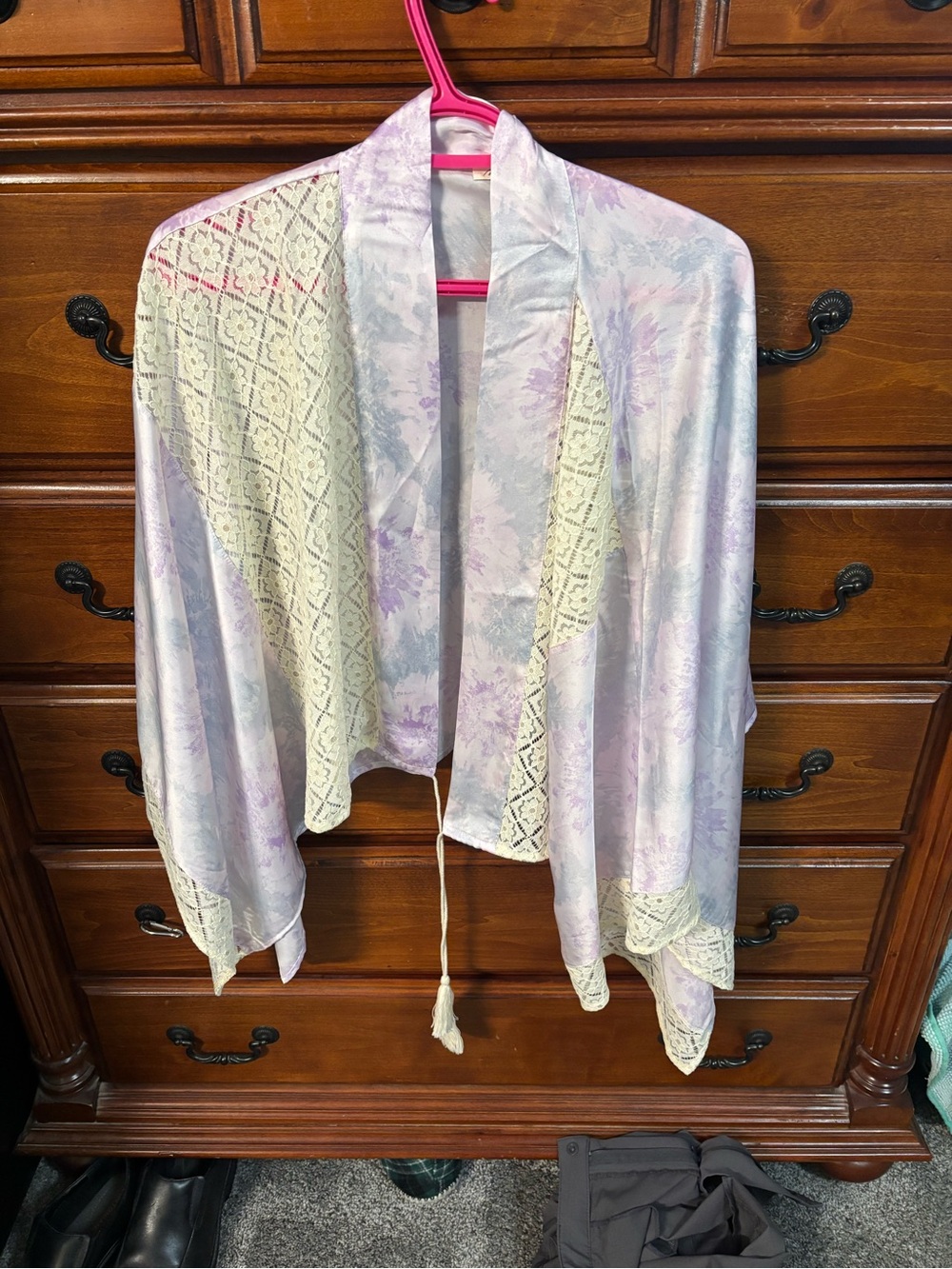 Mystree Pastel Lavender & Cream Lace-Trim Open Draped kimono style